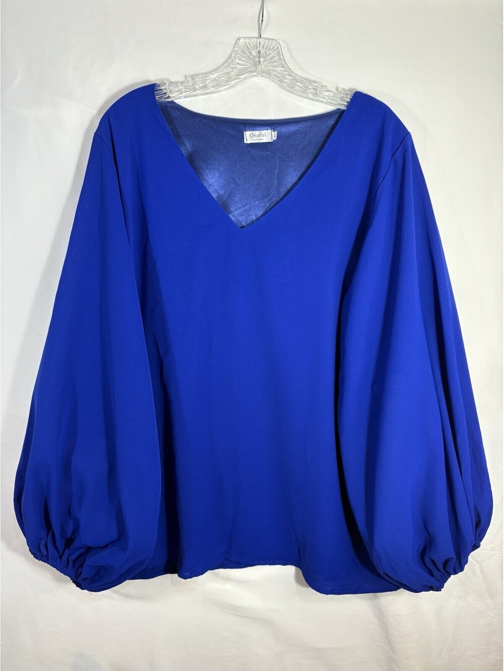 Qearal Womens L Cobalt Blue V Neck Blouse Balloon Sleeve Stretch Work Top